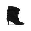 Schwarzer NOELLE Veloursleder-Stiefel mit drapiertem Schaft, spitzer Schuhspitze und schmalem Absatz in Seitenansicht