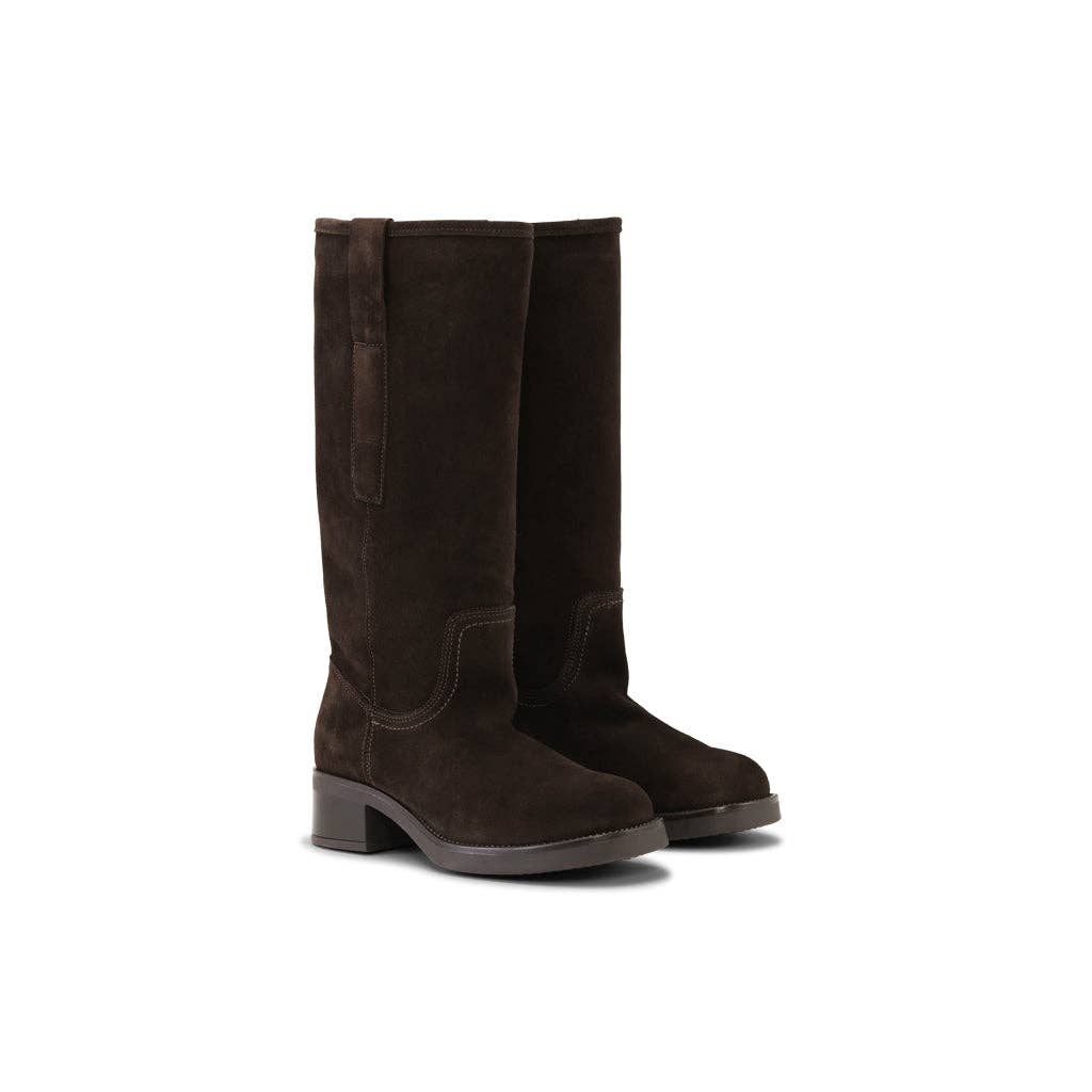 Paar dunkelbraune FRANCISCA Veloursleder-Stiefel mit hohem Schaft in schräger Vorderansicht