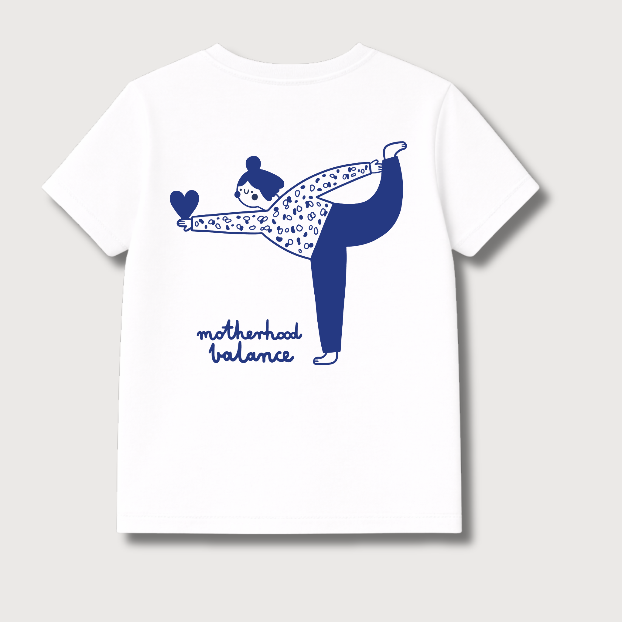 Weißes Erwachsenen T-Shirt mit handgezeichnetem Motherhood Balance Rückenmotiv, weicher Baumwollmix