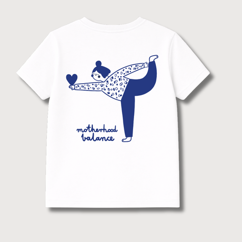 Weißes Erwachsenen T-Shirt mit handgezeichnetem Motherhood Balance Rückenmotiv, weicher Baumwollmix