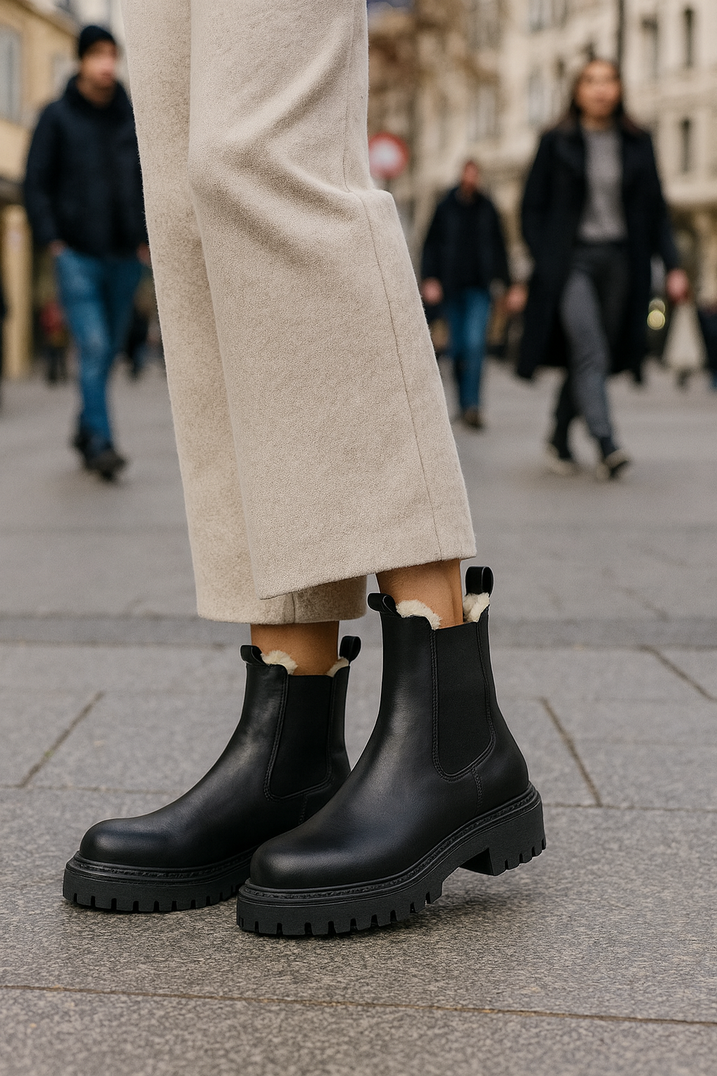 Schwarze MODENA Chelsea Boots mit Profilsohle, getragen zu einer hellen, verkürzten Hose auf einer Straße