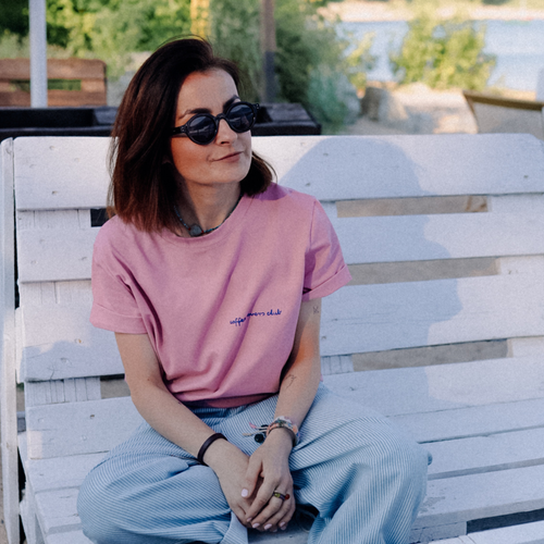 Altrosa T-Shirt mit handgedrucktem Big Coffee Lover Motiv, 95% Baumwolle Oeko-Tex, Frontansicht