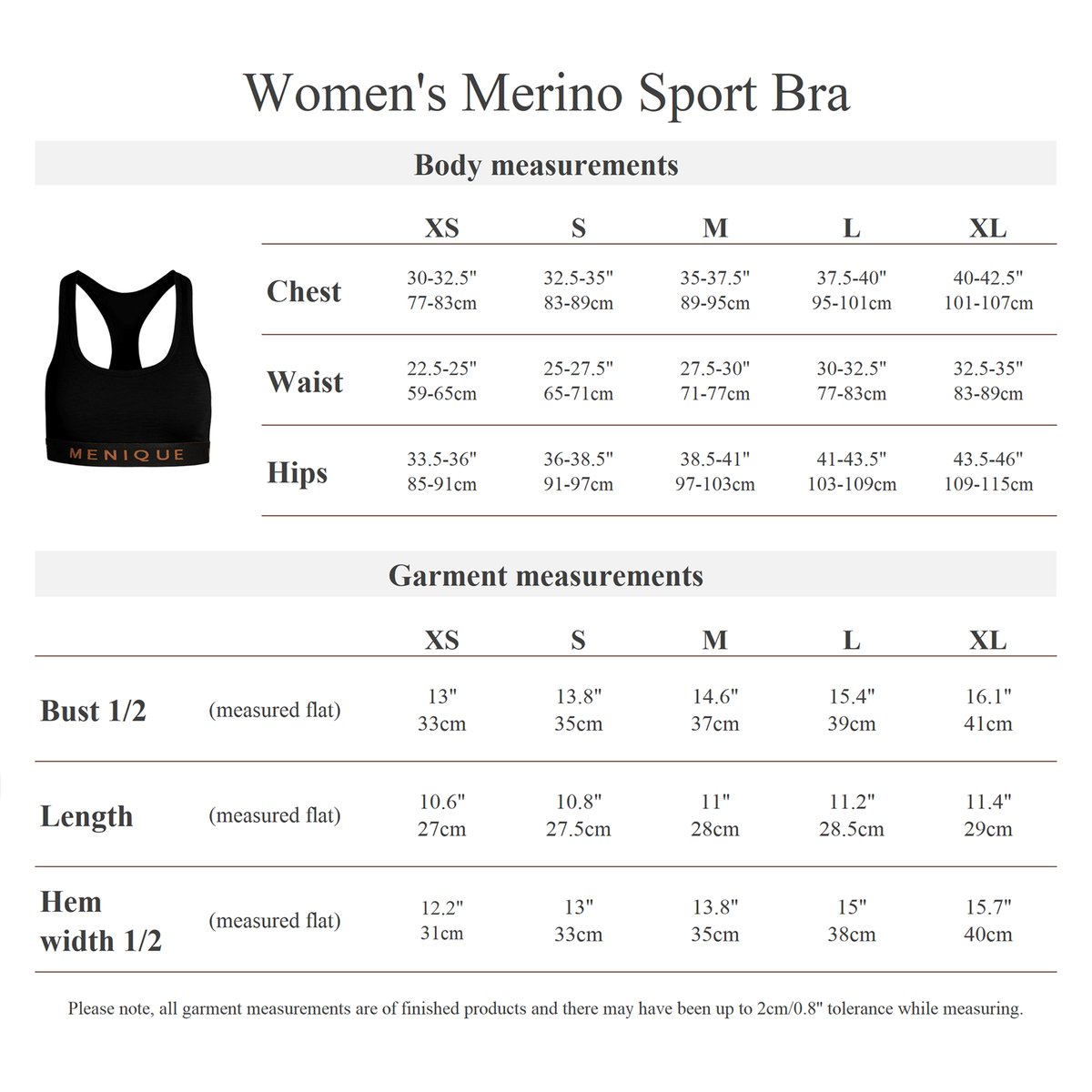 Größentabelle zum Merino Sport-BH