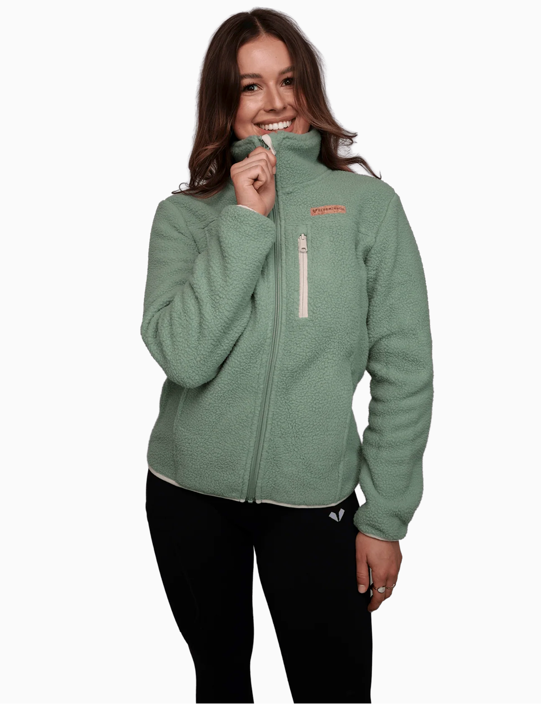 Damen Sherpa Fleece Jacke – Detailansicht Reißverschluss und Taschen