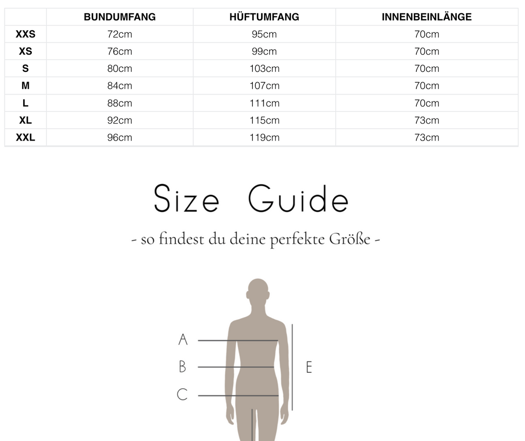 Größentabelle clarahimmel O-Shape Jeans – Bundumfang, Hüftumfang, Innenbeinlänge XXS–XXL