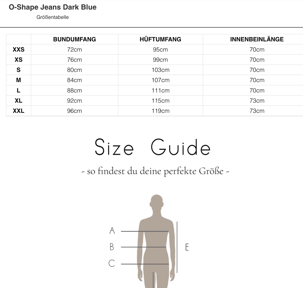Größentabelle der Clara Himmel O-Shape Jeans Dark Blue für XXS bis XXL mit Bundumfang, Hüftumfang und Innenbeinlänge