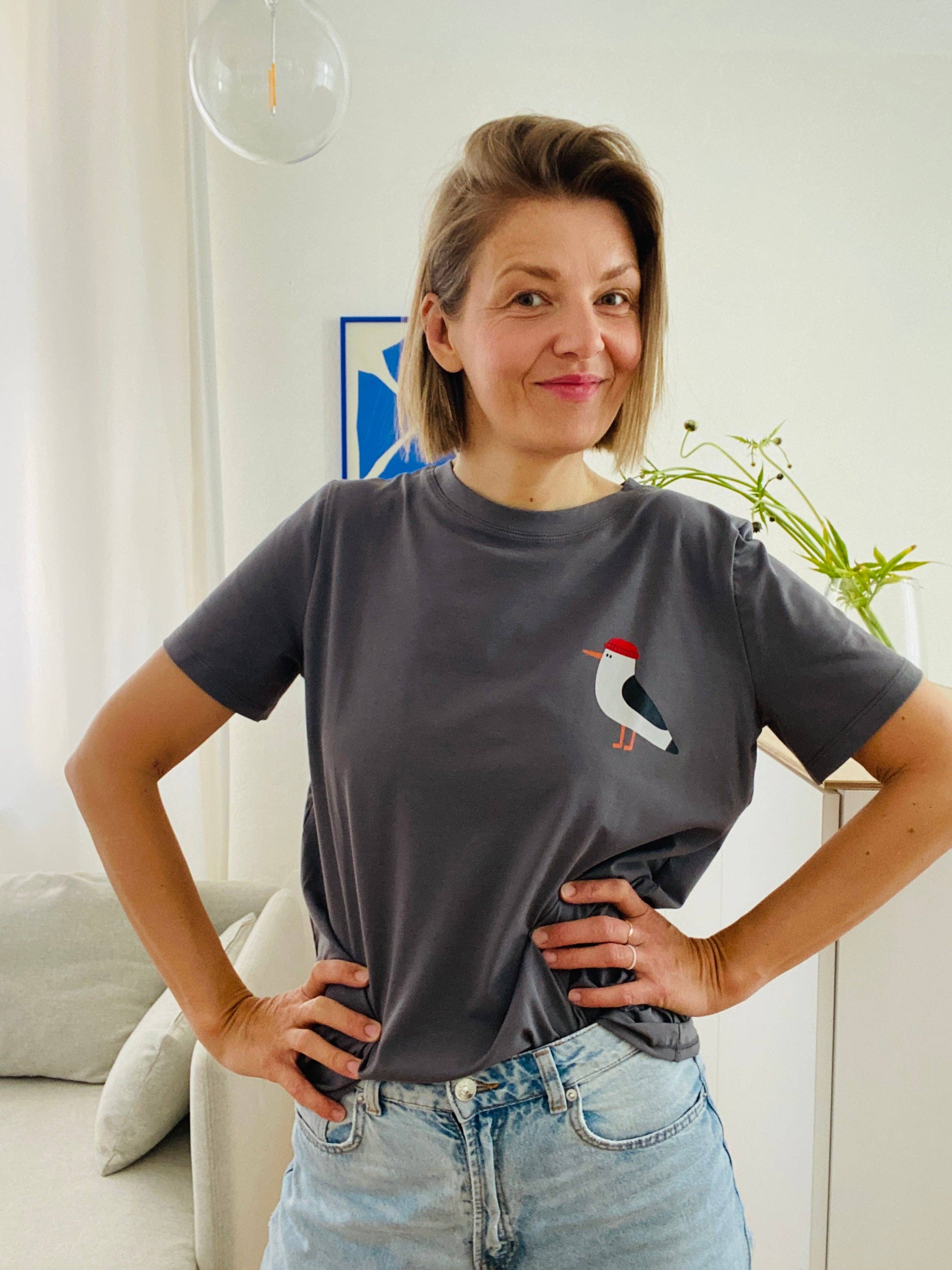 Erwachsenen T-Shirt in Grau mit handgedrucktem Möwen-Motiv, 95% Baumwolle, Oeko-Tex 100