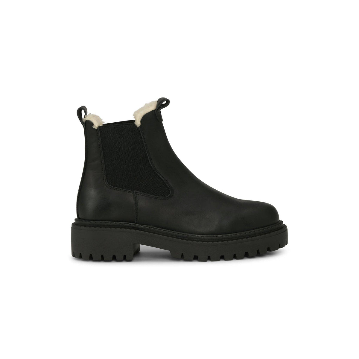 Schwarzer MODENA Chelsea Boot aus Leder mit elastischem Einsatz, hellem Warmfutter und Profilsohle in Seitenansicht