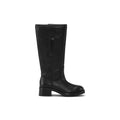 Schwarzer Franziska Lederstiefel mit hohem Schaft, seitlicher Schlaufe und Blockabsatz in Seitenansicht