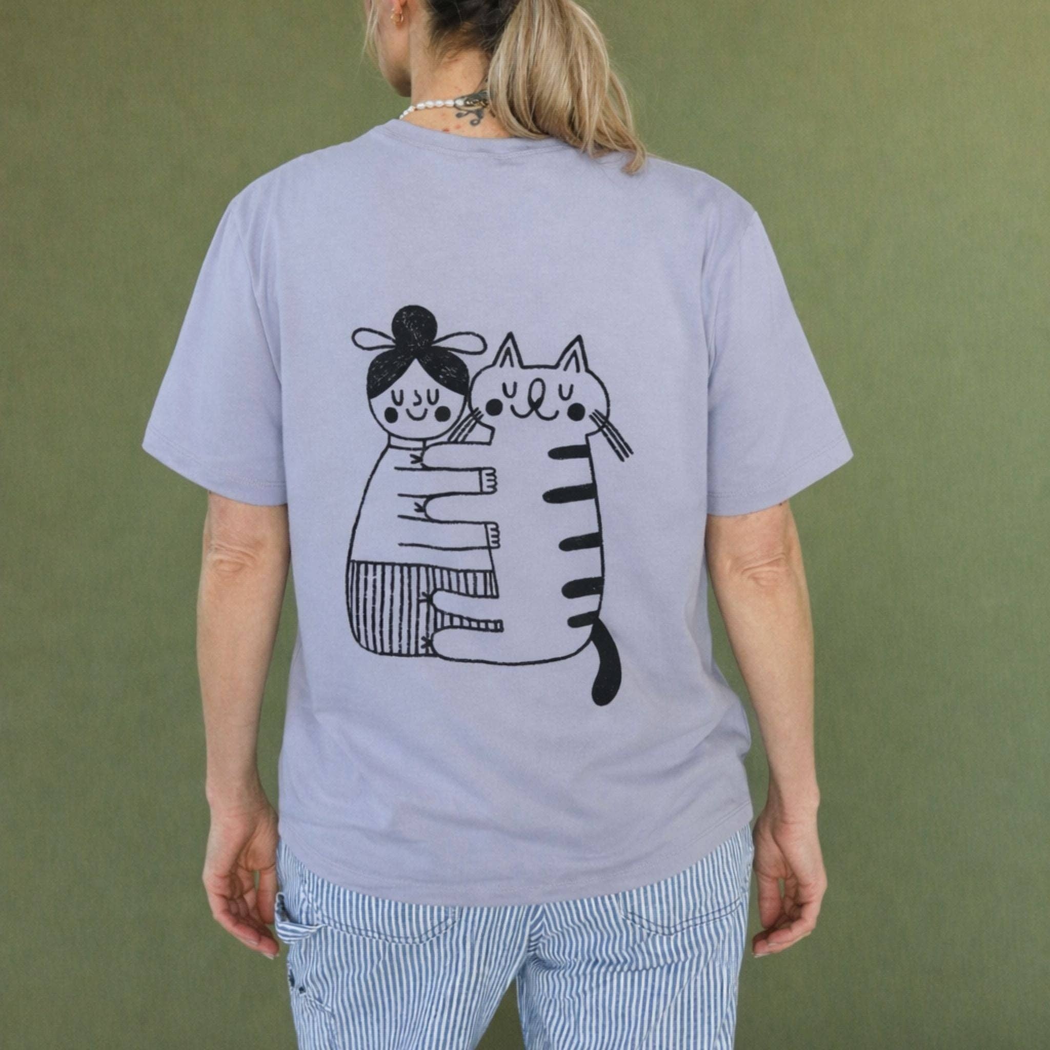 Boxy T-Shirt in Lilagrau mit Cat Lover Statement-Design, Katze & Mensch, Baumwollmix