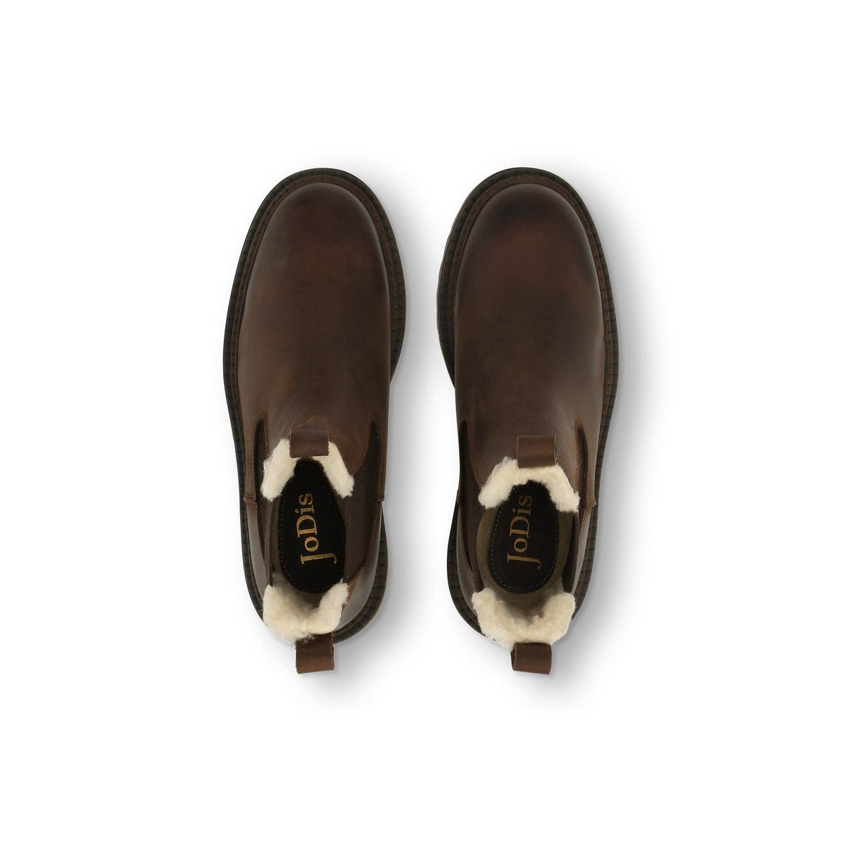 Dunkelbraune MODENA Chelsea Boots von oben mit Blick auf das helle Warmfutter und die Anziehschlaufen