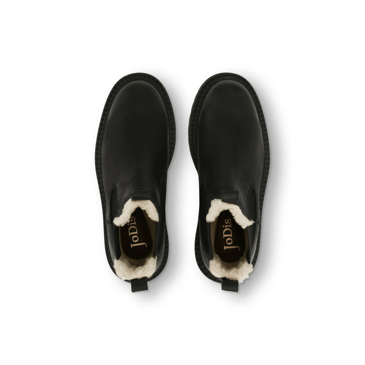 Schwarze MODENA Chelsea Boots von oben mit Blick auf das helle Warmfutter und die Anziehschlaufen